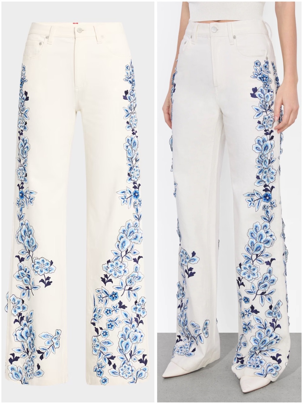 Alice + Olivia Weezy Embellished Appliqué Off White Wide Leg Jeans Size 26 NWT